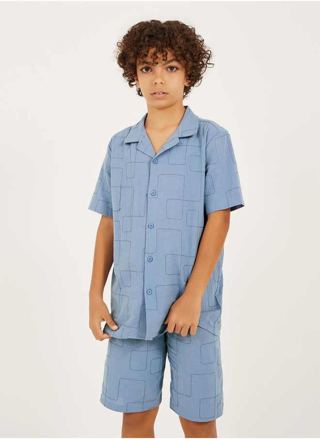 Embroidered Collared Shirt Sleeve Shirt and Shorts Set
