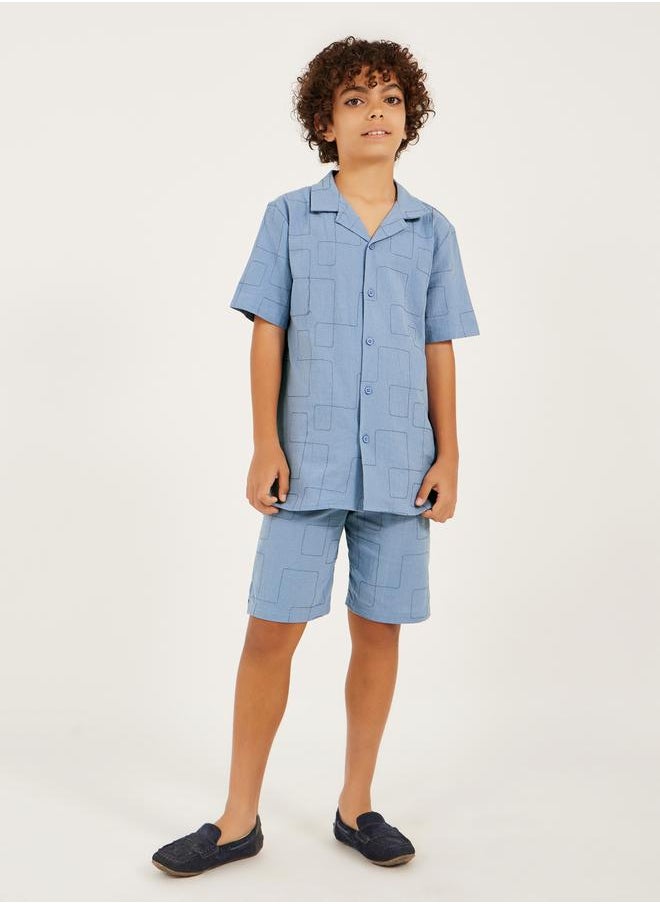 Embroidered Collared Shirt Sleeve Shirt and Shorts Set