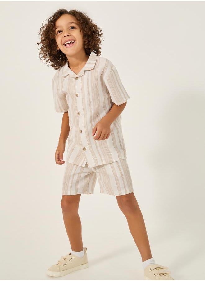 Striped Collared Shirt and Shorts Set