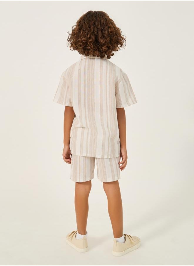 Striped Collared Shirt and Shorts Set