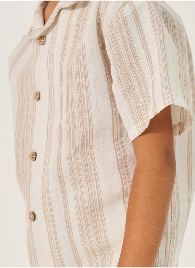 Striped Collared Shirt and Shorts Set