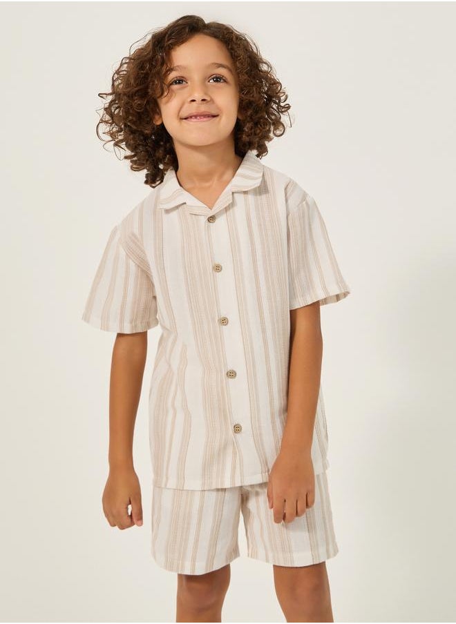 Striped Collared Shirt and Shorts Set