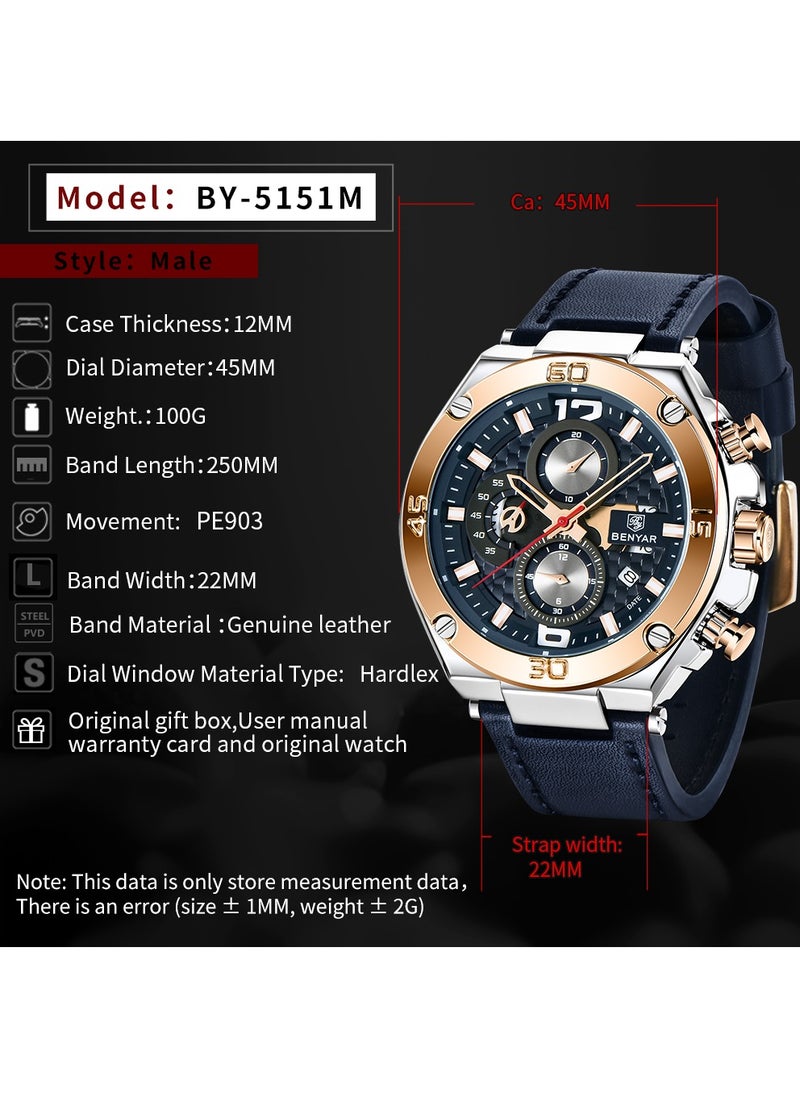 Quartz Men's Watches, Sports Chronograph, Waterproof, Belt, Fashionable And Versatile, 45MM Stainless Steel Frame, BY 5151