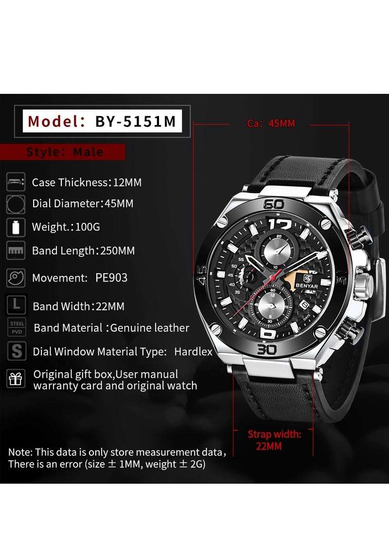Quartz Men's Watches, Sports Chronograph, Waterproof, Belt, Fashionable And Versatile, 45MM Stainless Steel Frame, BY 5151