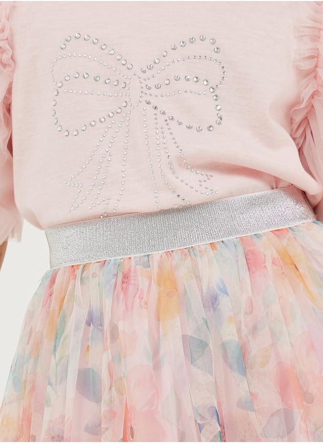 Embellished Round Neck T-Shirt and Mesh Skirt Detail