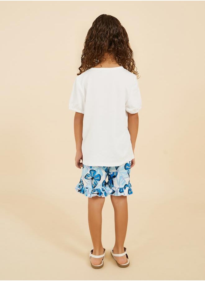 Graphic Print T-Shirt and Ruffle Trim Shorts Set