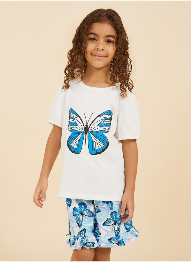 Graphic Print T-Shirt and Ruffle Trim Shorts Set