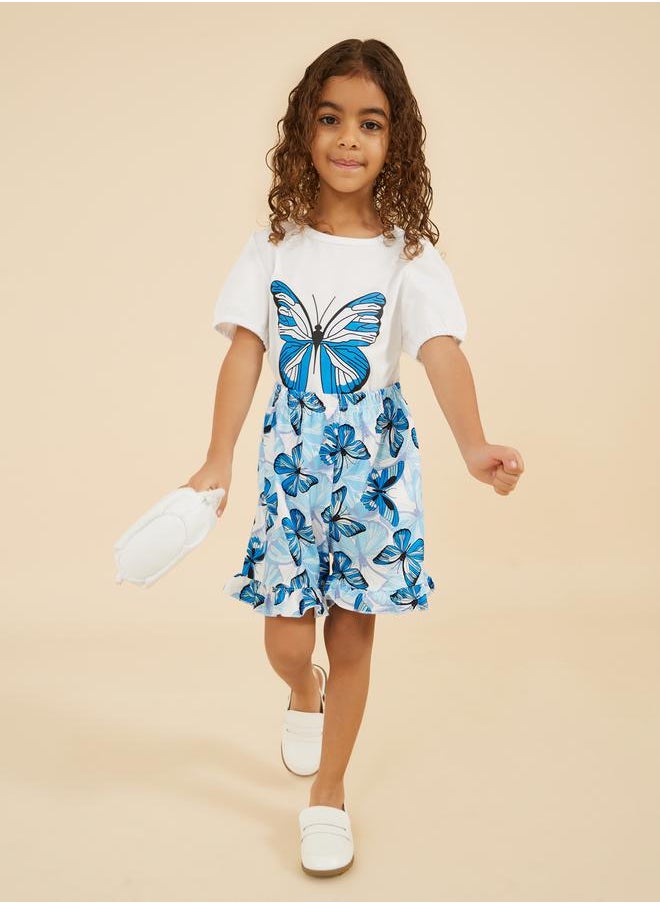 Graphic Print T-Shirt and Ruffle Trim Shorts Set
