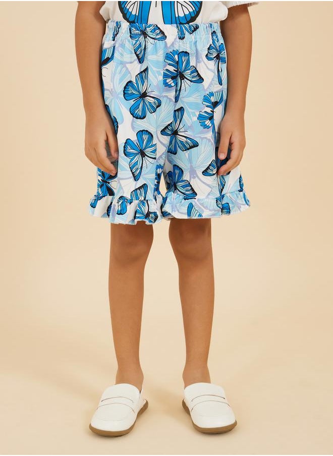 Graphic Print T-Shirt and Ruffle Trim Shorts Set
