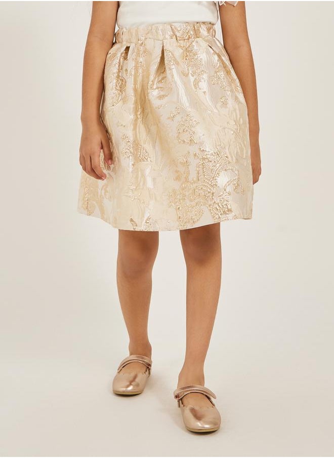 Frill Mesh Sleeve Top and Jacquard Skirt Set