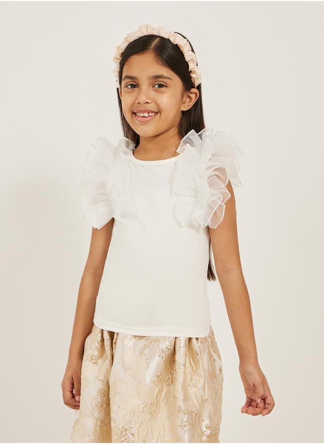 Frill Mesh Sleeve Top and Jacquard Skirt Set
