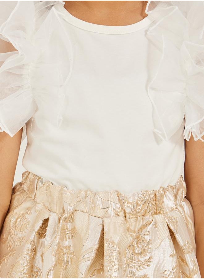 Frill Mesh Sleeve Top and Jacquard Skirt Set