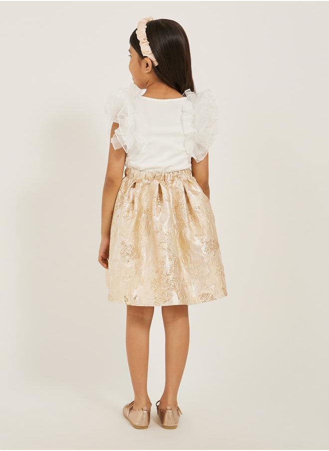 Frill Mesh Sleeve Top and Jacquard Skirt Set