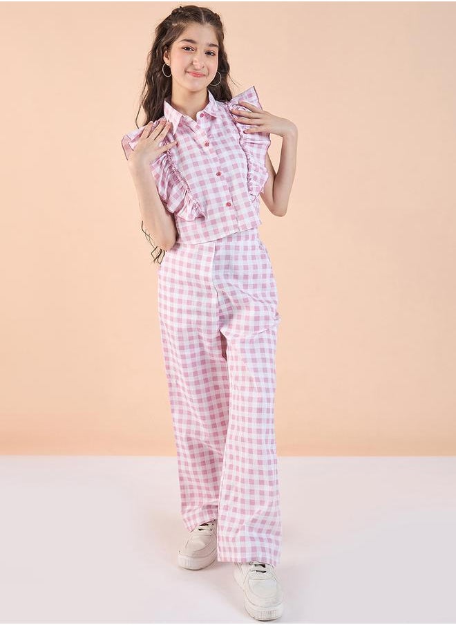 Checked Print Frill Sleeve Top and Pants Set