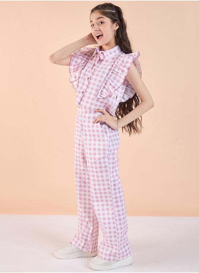 Checked Print Frill Sleeve Top and Pants Set