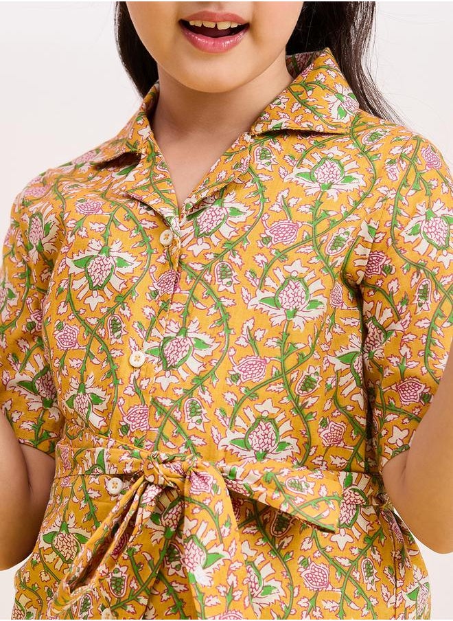 Yellow Floral Cotton Shirt & Shorts Set for Girls