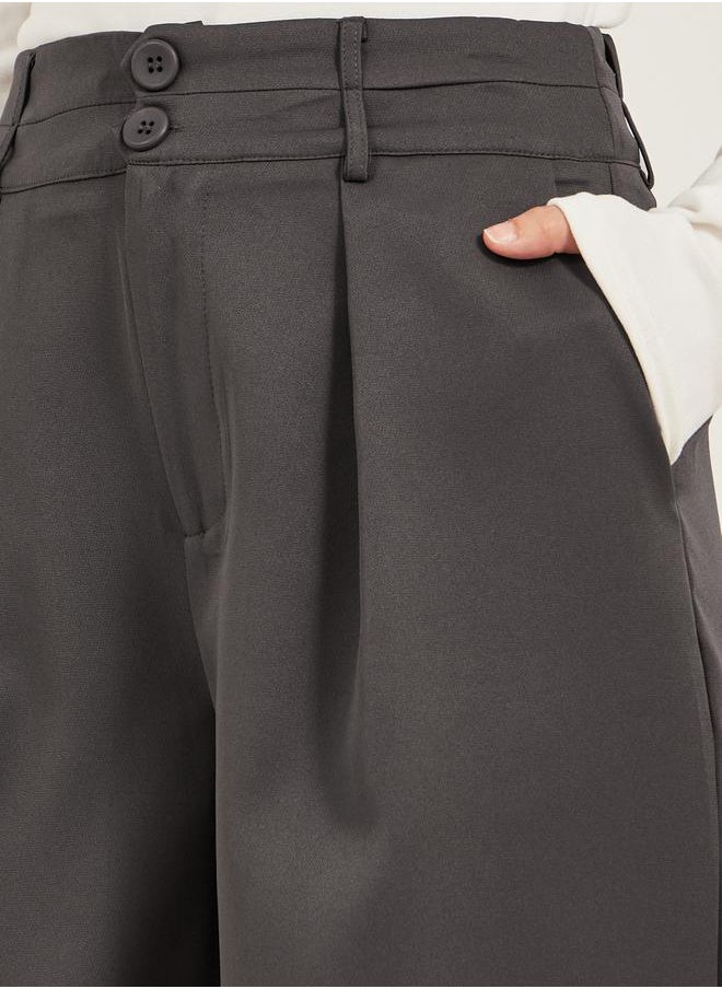 Pleated Wide Leg Pants with Double Buttoned Waistband