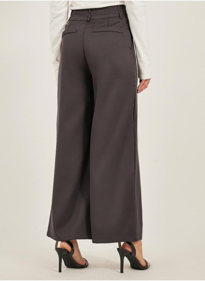 Pleated Wide Leg Pants with Double Buttoned Waistband