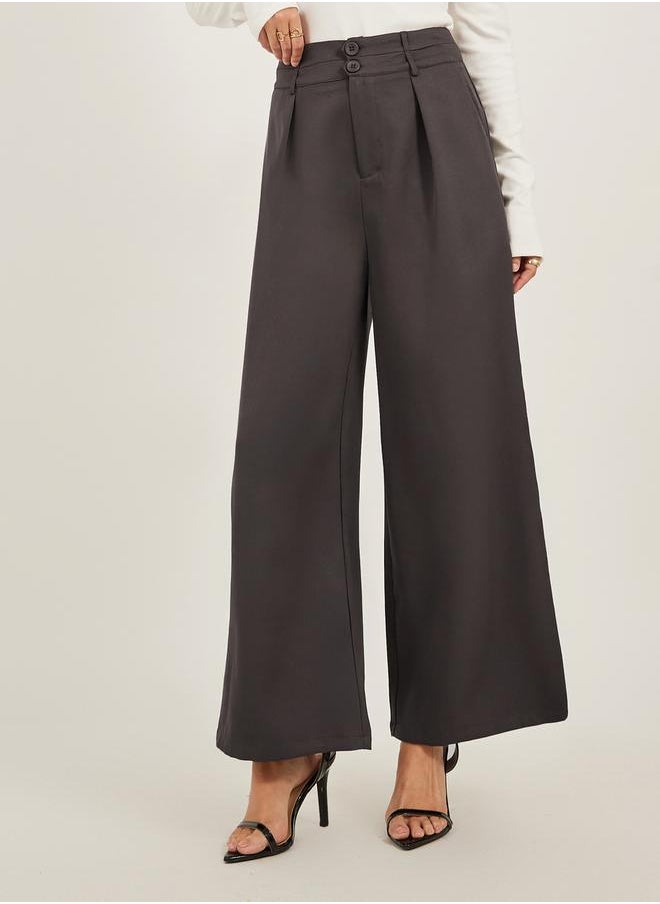 Pleated Wide Leg Pants with Double Buttoned Waistband