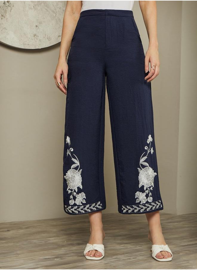 Embroidered Hem Mid Rise Ankle Wide Leg Pants
