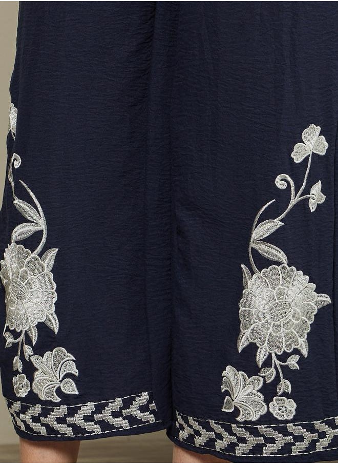 Embroidered Hem Mid Rise Ankle Wide Leg Pants