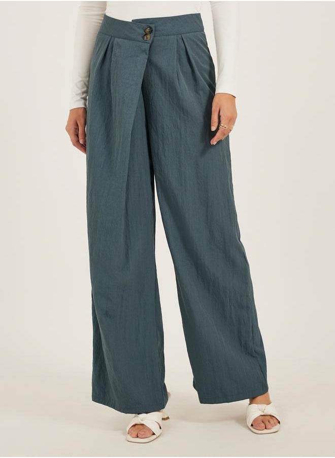 Solid Twill Pleated Wide Leg Pants with Cross Waistband