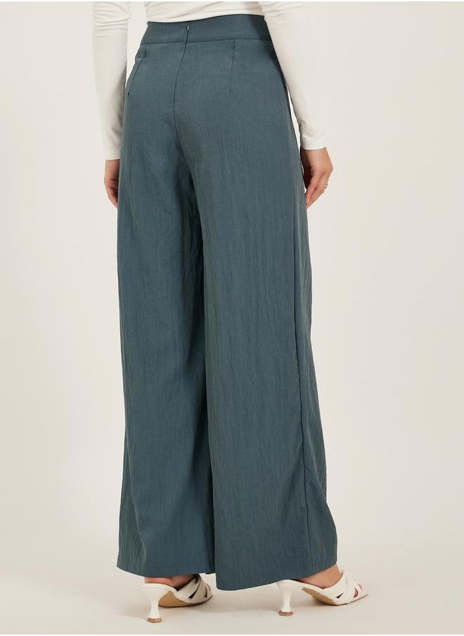 Solid Twill Pleated Wide Leg Pants with Cross Waistband