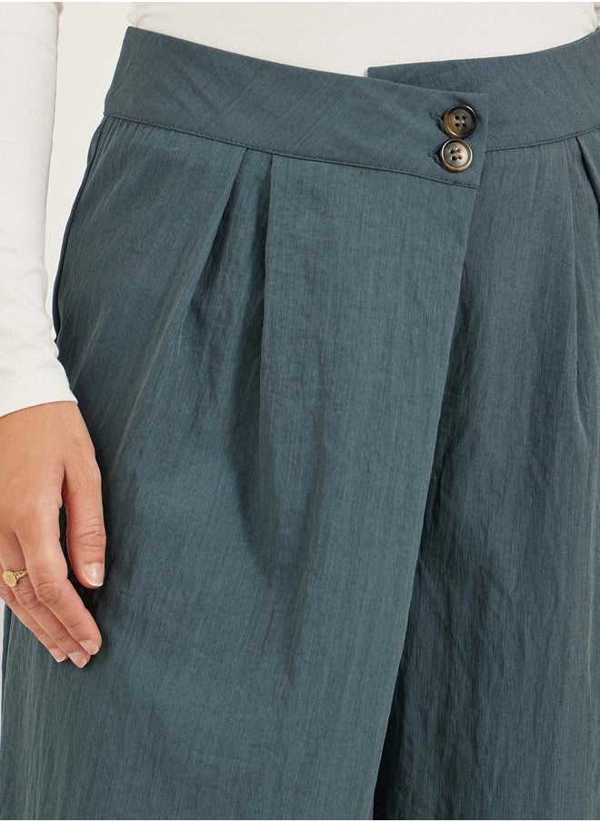 Solid Twill Pleated Wide Leg Pants with Cross Waistband