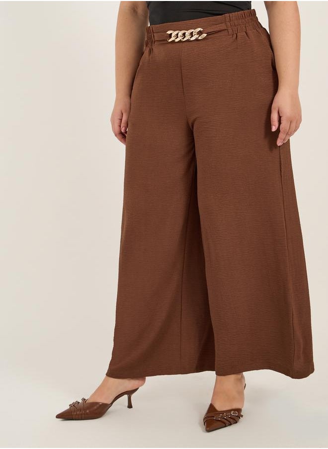 Plus Size Textured Wide Leg Trousers with Chain Buckle Detail