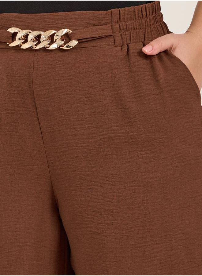 Plus Size Textured Wide Leg Trousers with Chain Buckle Detail