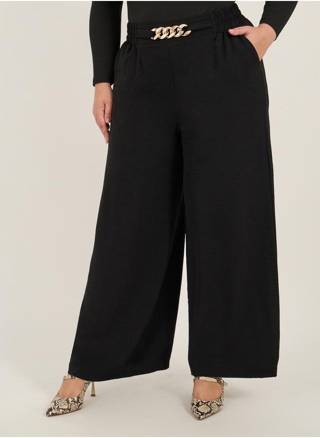 Plus Size Textured Wide Leg Trousers with Chain Buckle Detail