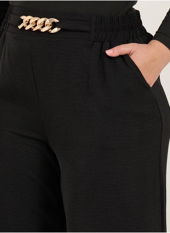 Plus Size Textured Wide Leg Trousers with Chain Buckle Detail
