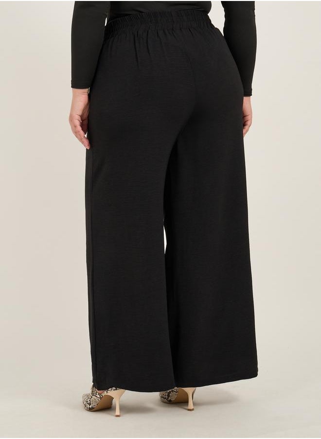 Plus Size Textured Wide Leg Trousers with Chain Buckle Detail