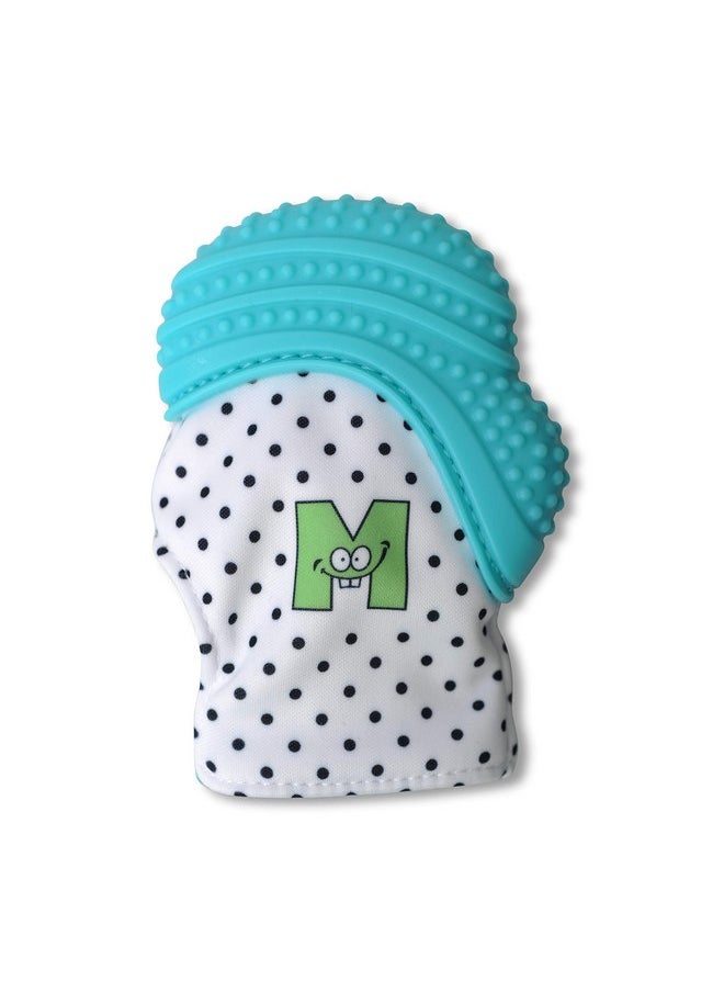 Malarkey Kids Patented Teething Mitten, Munch Mitt Baby Chew Toy - Protects Hands from Chewing & Saliva, Heals Aching Gums, Promotes Sound & Visual Stimulation for Babies - Aqua Polka Dot