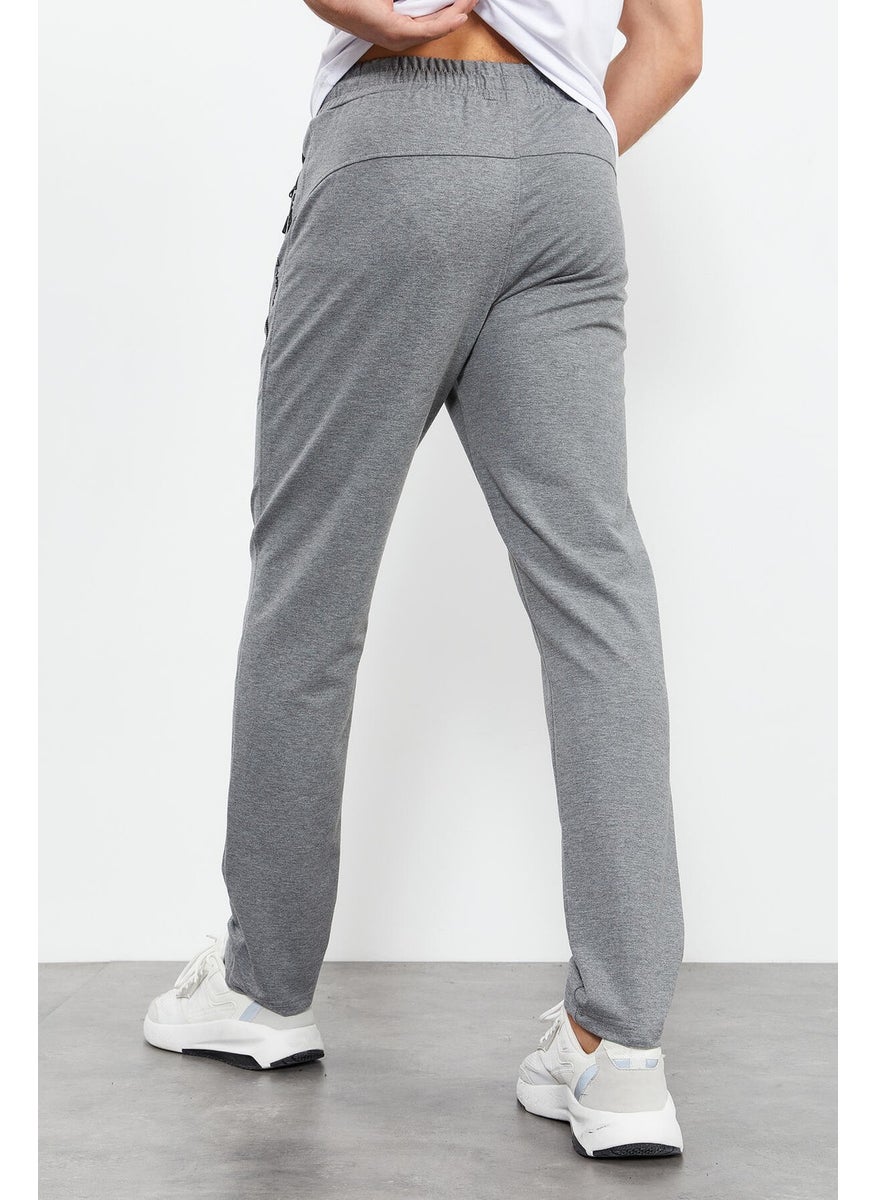 Gray Melange Men's Zipper Pocket Text Detailed Standard Pattern Classic Leg Tracksuit Bottom-84744