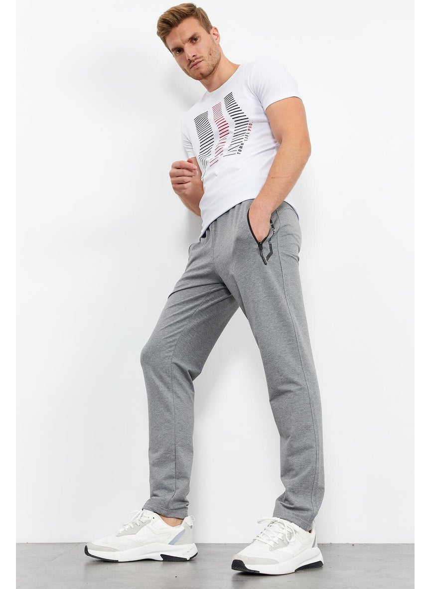 Gray Melange Men's Zipper Pocket Text Detailed Standard Pattern Classic Leg Tracksuit Bottom-84744