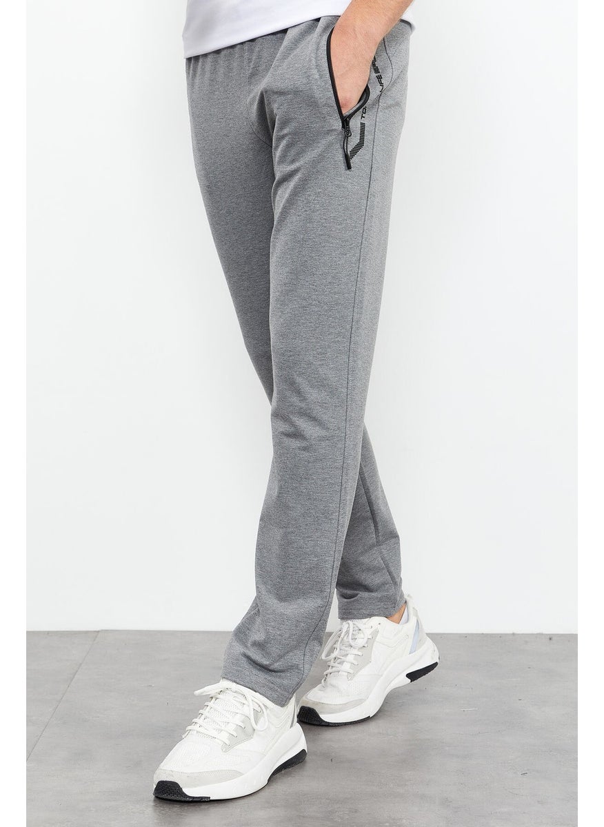 Gray Melange Men's Zipper Pocket Text Detailed Standard Pattern Classic Leg Tracksuit Bottom-84744
