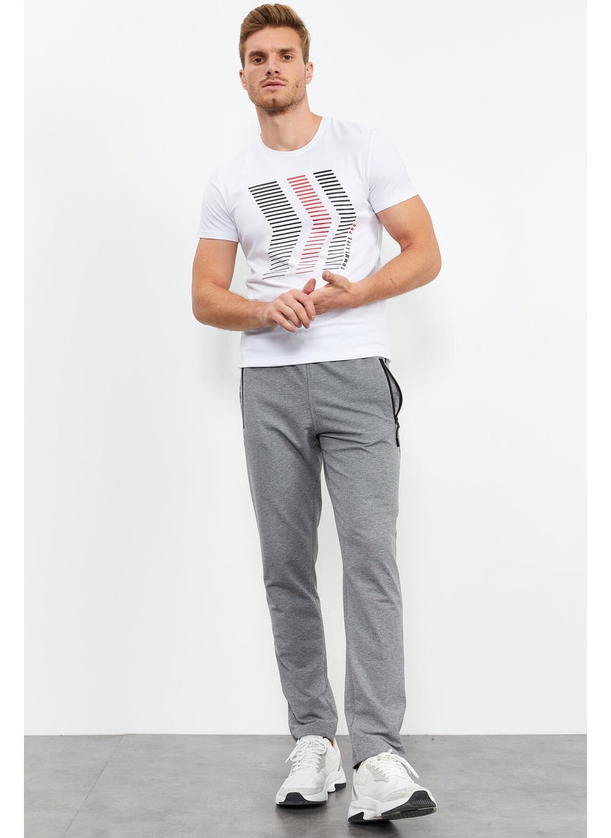 Gray Melange Men's Zipper Pocket Text Detailed Standard Pattern Classic Leg Tracksuit Bottom-84744