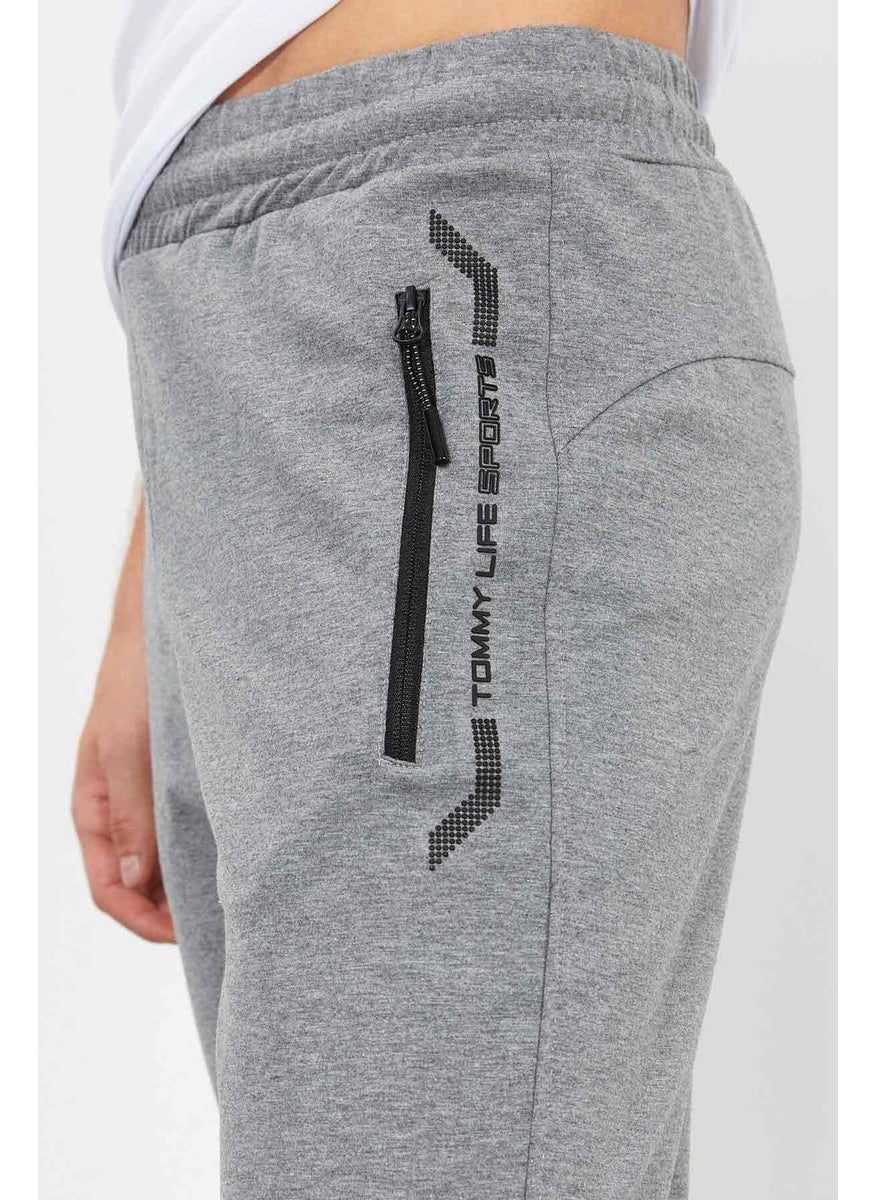 Gray Melange Men's Zipper Pocket Text Detailed Standard Pattern Classic Leg Tracksuit Bottom-84744