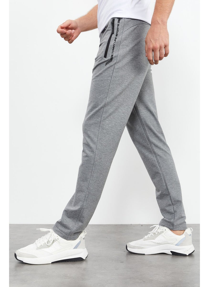 Gray Melange Men's Zipper Pocket Text Detailed Standard Pattern Classic Leg Tracksuit Bottom-84744
