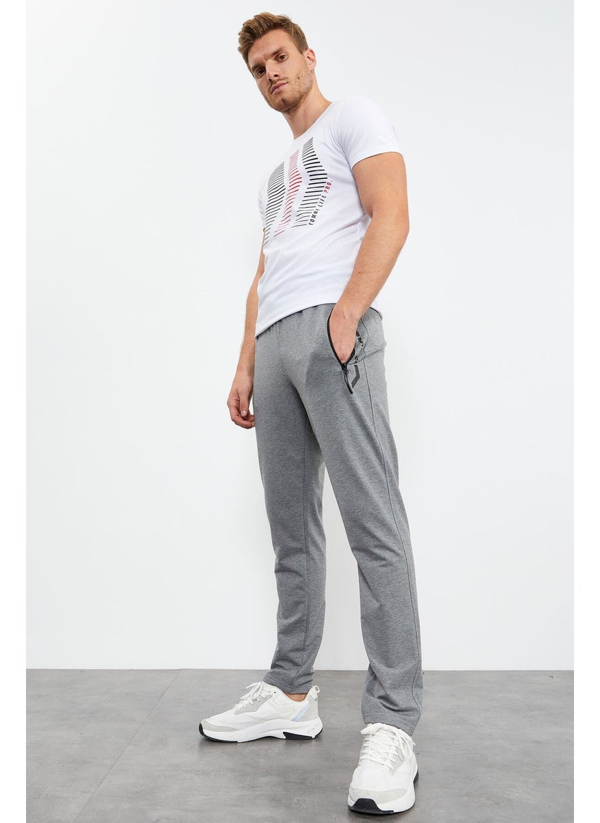 Gray Melange Men's Zipper Pocket Text Detailed Standard Pattern Classic Leg Tracksuit Bottom-84744