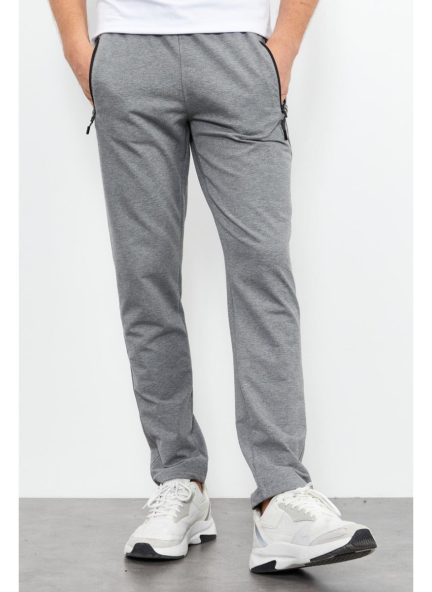 Gray Melange Men's Zipper Pocket Text Detailed Standard Pattern Classic Leg Tracksuit Bottom-84744