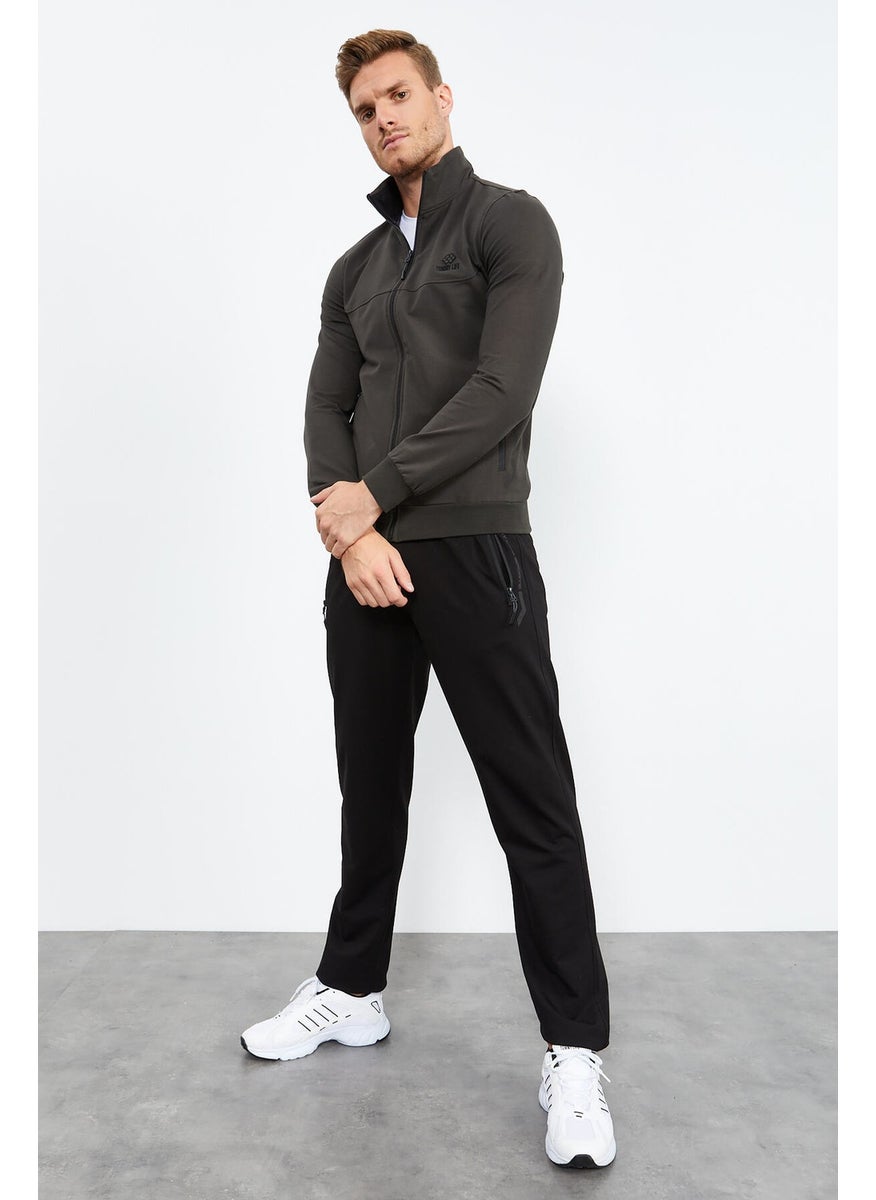 Khaki Men's Stand Collar Zippered Standard Pattern Classic Leg Tracksuit-85152