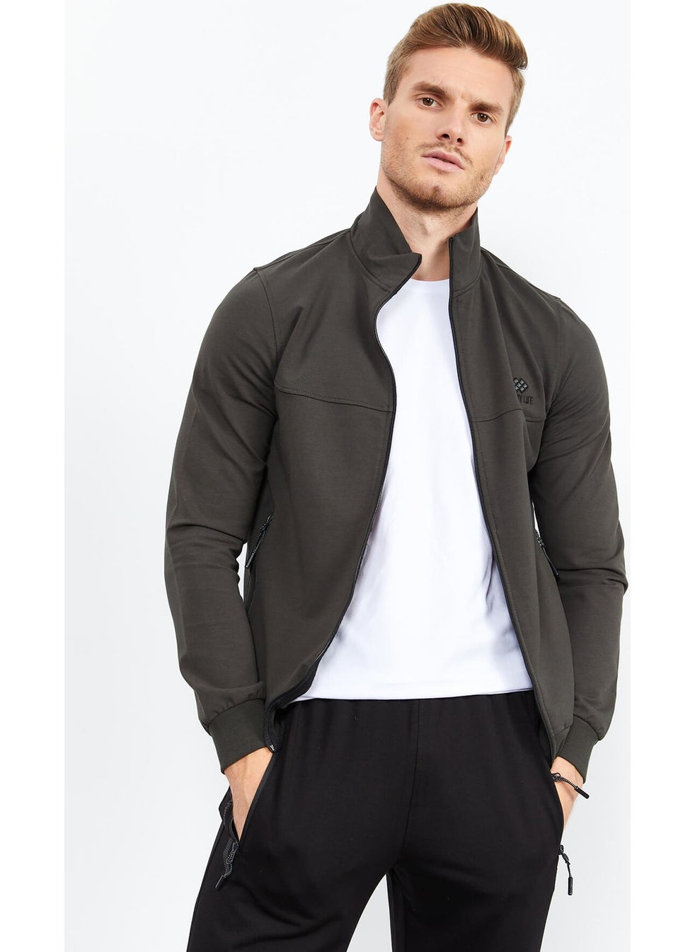 Khaki Men's Stand Collar Zippered Standard Pattern Classic Leg Tracksuit-85152