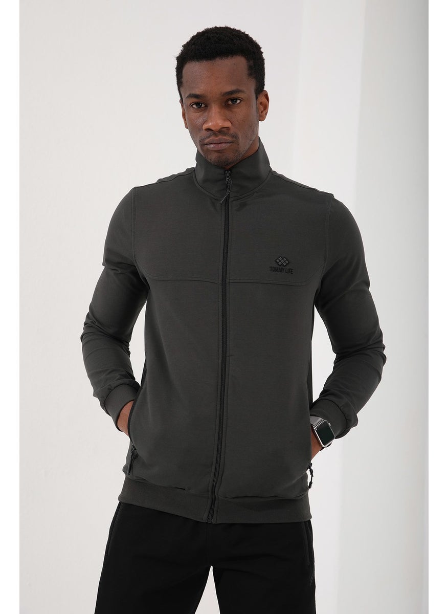 Khaki Men's Stand Collar Zippered Standard Pattern Classic Leg Tracksuit-85152