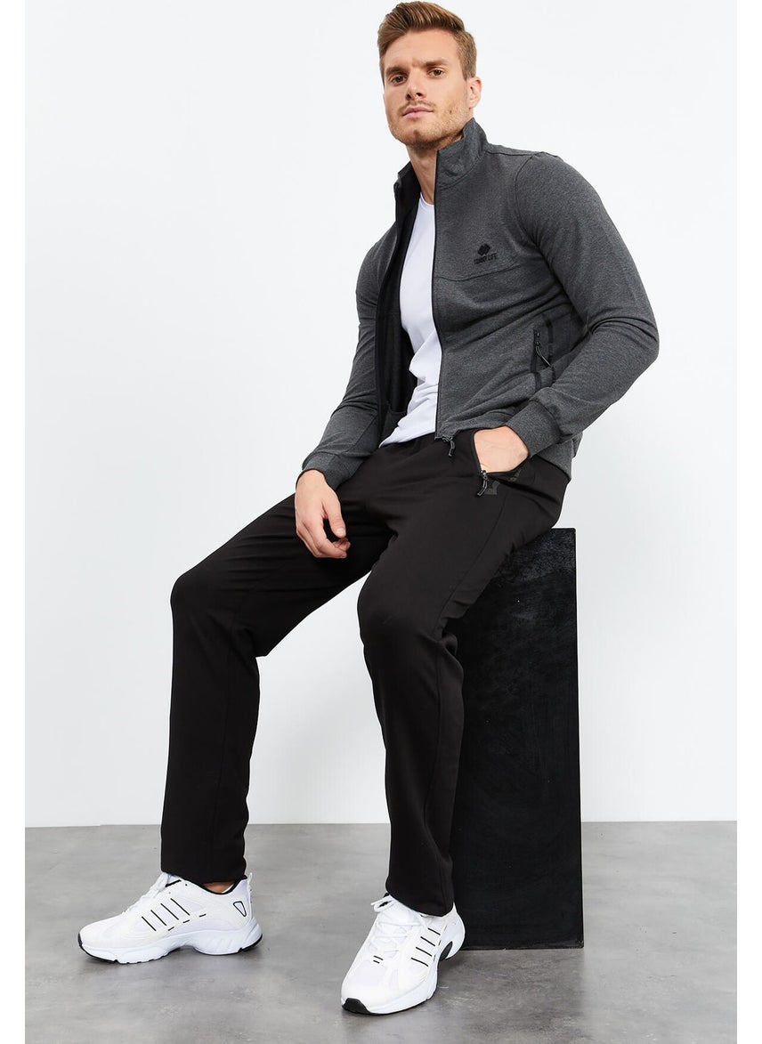 Anthracite Melange-Black Men's Stand Collar Zippered Standard Pattern Classic Leg Tracksuit-85152
