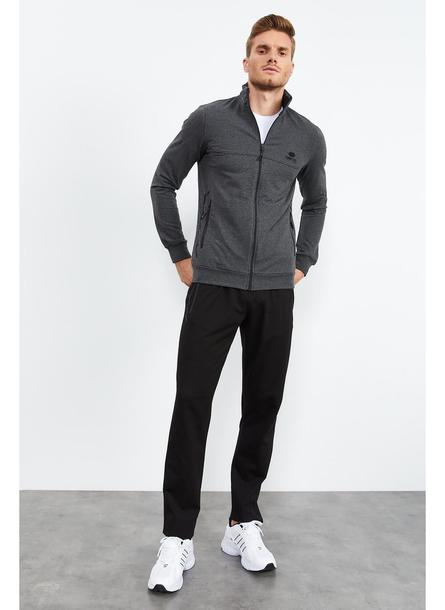Anthracite Melange-Black Men's Stand Collar Zippered Standard Pattern Classic Leg Tracksuit-85152