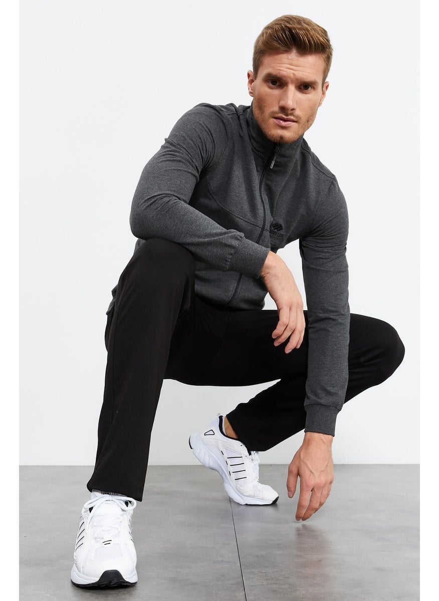 Anthracite Melange-Black Men's Stand Collar Zippered Standard Pattern Classic Leg Tracksuit-85152