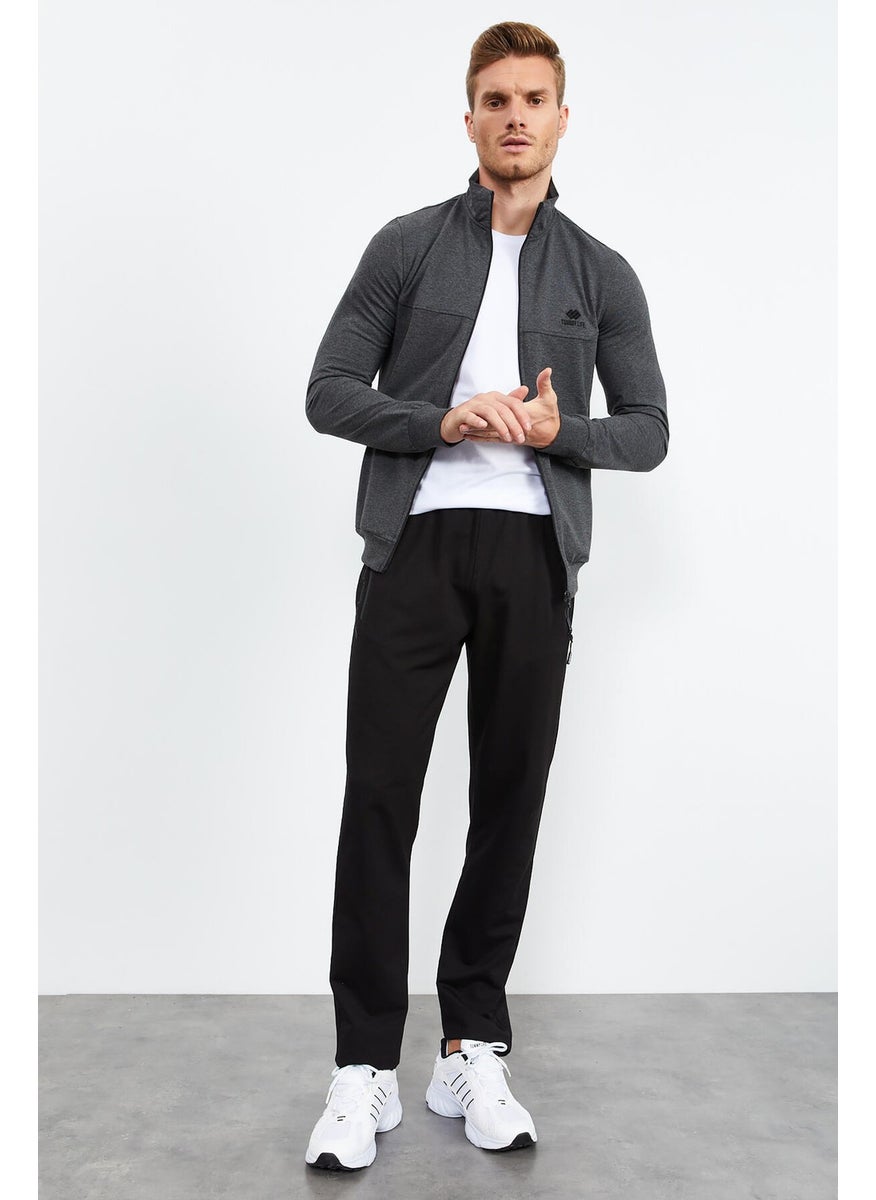 Anthracite Melange-Black Men's Stand Collar Zippered Standard Pattern Classic Leg Tracksuit-85152