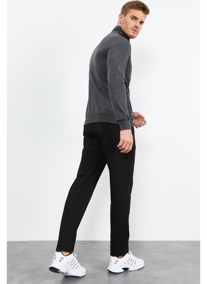 Anthracite Melange-Black Men's Stand Collar Zippered Standard Pattern Classic Leg Tracksuit-85152